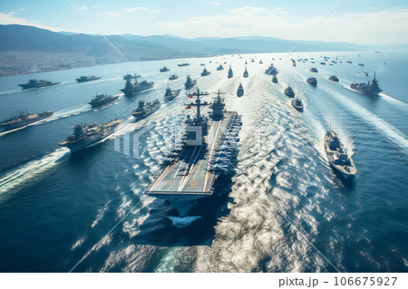 Modern military naval warships in open sea. Military naval exercises Modern military naval warships in open sea. Military naval exercises 106675927