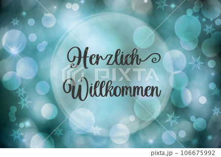 Text Herzlich Willkommen, Means Welcome, Blue Christmas Background 106675992