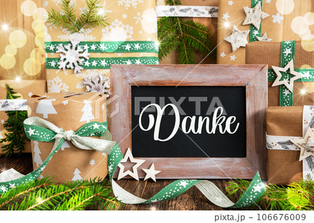 Text Danke, Means Thanks, Sustainable Winter Decor, Christmas Background Text Danke, Means Thanks, Sustainable Winter Decor, Christmas Background 106676009