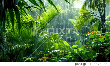 flowering plants and trees in the rain in the forest 106676072