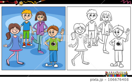 comic children and teens characters group coloring page 106676408