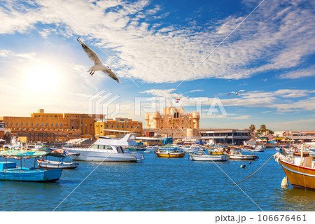 Beautiful view of the harbour and the Citadel of Qaitbay, the place of famous Lighthouse, Alexandria, Egypt 106676461