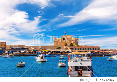 The Fort of Qaitbay, fortress built on the exact site of the famous Lighthouse of Alexandria on the sea, Egypt 106676463