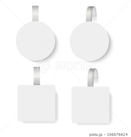 Dangler wobler in supermarket with price. Banner on shelf store. Vector Dangler wobler in supermarket with price. Banner on shelf store. Vector 106676624