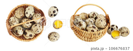Raw quail egg in wicker basket isolated on white background with full depth of field. Top view. Flat lay 106676837