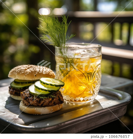 Tasty burger with cheese and fresh vegetables placed on tray on table in cafe Tasty burger with cheese and fresh vegetables placed on tray on table in cafe 106676857