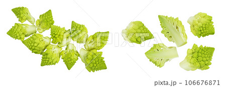 Romanesco broccoli cabbage or Roman Cauliflower isolated on white background . Top view. Flat lay 106676871