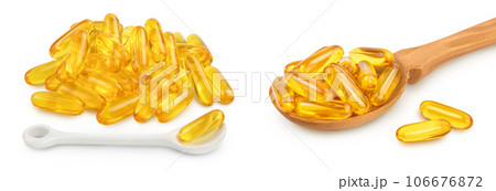 Fish oil capsules isolated on white background with full depth of field 106676872