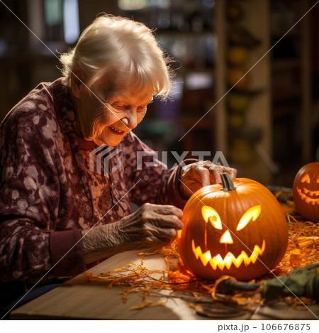 Concentrated female in casual clothes sitting at wooden table with burning candles and making jack lantern on Halloween day 106676875