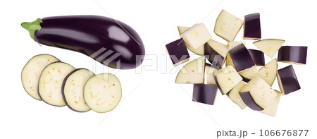 Eggplant or aubergine with slices isolated on white background. and full depth of field. top, view, flat lay 106676877