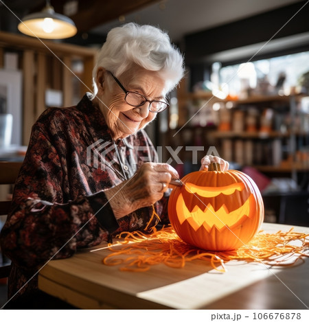 Concentrated female in casual outfit and eyeglasses sitting at table with pumpkin 106676878