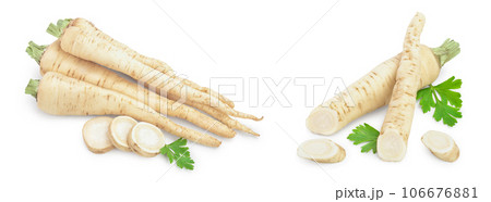 Parsley root with slices and leaves isolated on white background Parsley root with slices and leaves isolated on white background 106676881