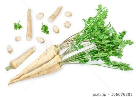 Parsley root with leaves isolated on white background Parsley root with leaves isolated on white background 106676883