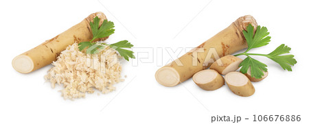 Horseradish root with slices grated pile and parsley isolated on white background 106676886