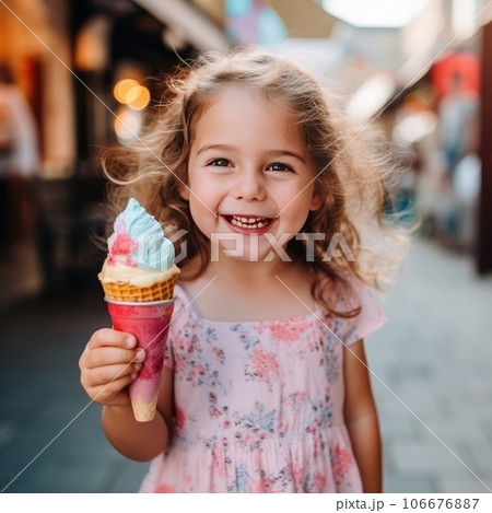 Adorable girl in dress smiling and looking at camera while standing on city street and eating ice cream 106676887