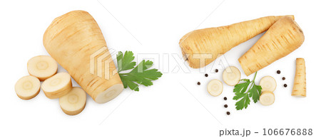 Parsnip root and slices with parsley isolated on white background closeup 106676888