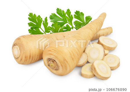 Parsnip root and slices isolated on white background Parsnip root and slices isolated on white background 106676890