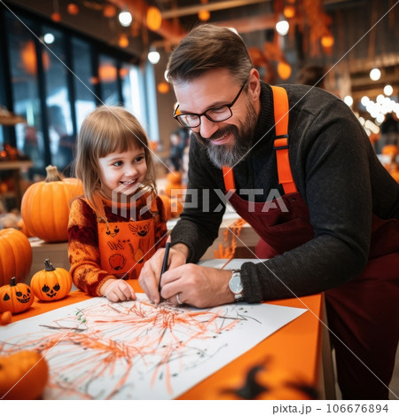 Halloween preparation with dad - daughter and dad drawing 106676894