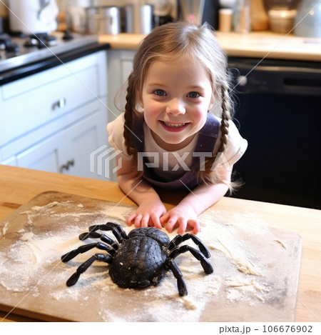 Halloween preparation - girl makes a spider Halloween preparation - girl makes a spider 106676902