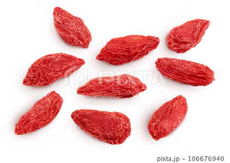 Dried goji berries isolated on white background. Top view. Flat lay. 106676940