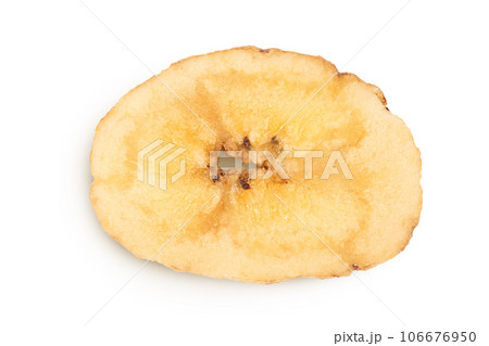 Dried banana chips isolated on white background with full depth of field. Top view. Flat lay Dried banana chips isolated on white background with full depth of field. Top view. Flat lay 106676950