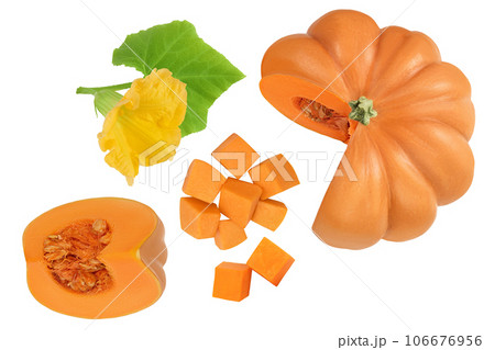 Fresh orange pumpkin isolated on white background with full depth of field. Top view. Flat lay 106676956