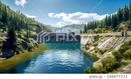 a dam on a river in a mountain landscape 106677211
