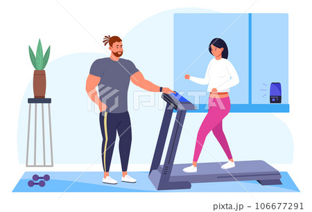 Woman running on treadmill with personal fitness couch 106677291