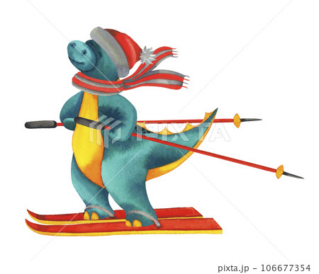 Cute child watercolour sport Dinosaur on red ski. Sports equipment. Hand drawn illustration isolated on white Cute child watercolour sport Dinosaur on red ski. Sports equipment. Hand drawn illustration isolated on white 106677354