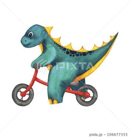 Cute Baby watercolour sport Dinosaur on red balance bike. Sports equipment. Hand drawn illustration isolated on white Cute Baby watercolour sport Dinosaur on red balance bike. Sports equipment. Hand drawn illustration isolated on white 106677355