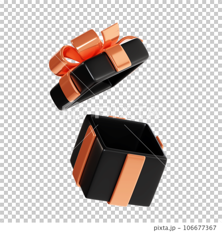 Open black gift box with bronze ribbon and bow 3d render illustration. Empty present package for black friday sale or bonus concept. Surprise pack - advertising or discount promo design element 106677367