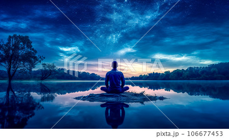man meditating in the lotus position by the lake in nature at sunset man meditating in the lotus position by the lake in nature at sunset 106677453