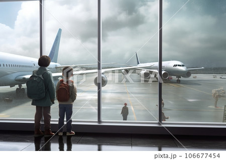 Two kids watch through the airport window for a large standing plane Two kids watch through the airport window for a large standing plane 106677454