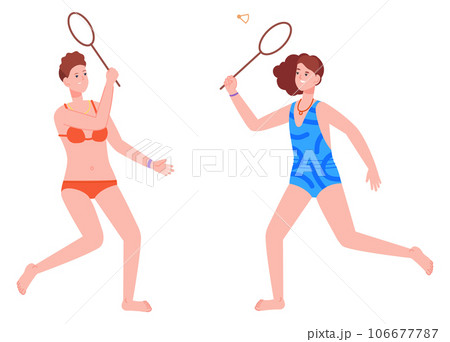 Women in swimsuits playing badminton. Summer beach game 106677787