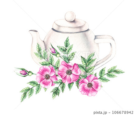 Watercolor teapot with wild rose flowers isolated Watercolor teapot with wild rose flowers isolated 106678942