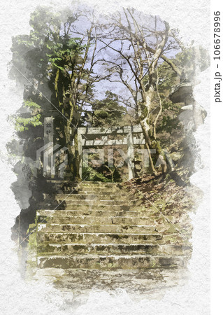 水彩画風　智頭宿　諏訪神社　参道　鳥取県八頭郡智頭町 106678996