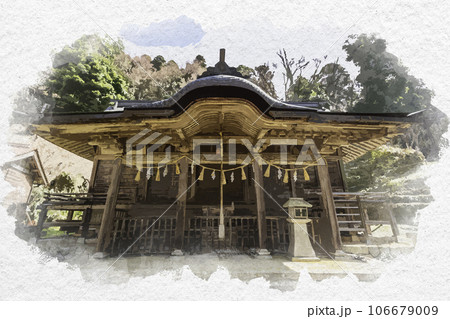 水彩画風　智頭宿　諏訪神社　拝殿　鳥取県八頭郡智頭町 106679009