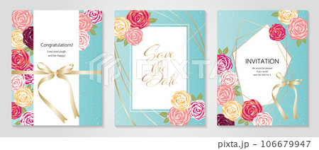 バラとリボンでデザインされた結婚式のイラストレーション、お祝いの招待状、お祝いカードセット バラとリボンでデザインされた結婚式のイラストレーション、お祝いの招待状、お祝いカードセット 106679947
