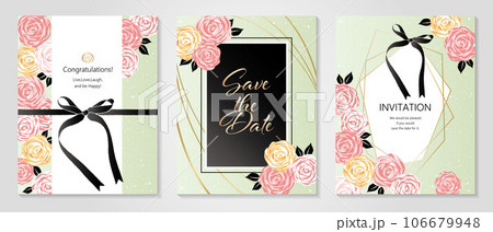 バラとリボンでデザインされた結婚式のイラストレーション、お祝いの招待状、お祝いカードセット 106679948