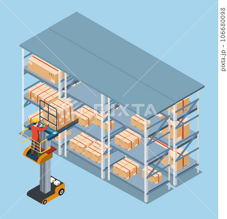 Using an order picker forklift, a warehouse employee driver loads cardboard boxes onto the shelves. Vector illustration eps10 106680098