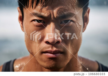 Young male professional muscular swimmer, man swimming front view, closeup water splash portrait 106680103