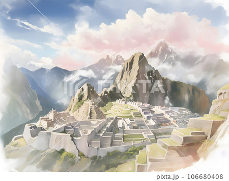 水彩画背景_世界旅行_ペルー_マチュピチュ_02 水彩画背景_世界旅行_ペルー_マチュピチュ_02 106680408