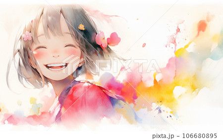 笑顔の女の子のカラフルな水彩画 AI生成画像のイラスト素材 [106680895