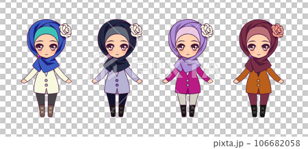 Anime-style deformed full-body illustration set of Muslim girl characters Anime-style deformed full-body illustration set of Muslim girl characters 106682058