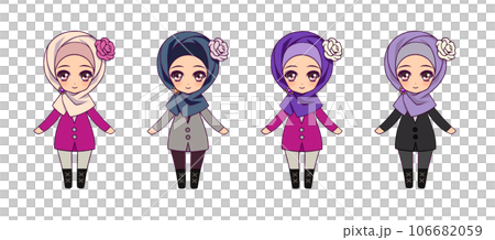 Anime-style deformed full-body illustration set of Muslim girl characters Anime-style deformed full-body illustration set of Muslim girl characters 106682059