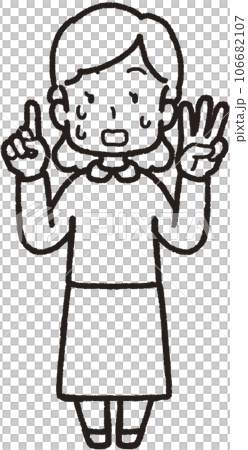 一幅全身線條畫插圖，描繪了一位滿頭大汗、驚慌失措的女人，左手有 3 個手指，右手有 1 個手指，做了 13 個手勢。 106682107