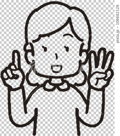 一位微笑的女士用左手 3 個手指、右手 1 個手指做出 13 個手勢的上半身插圖 106682126