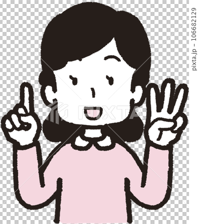 Upper body illustration of a smiling woman making 13 hand signs with three fingers on her left hand and one finger on her right hand 106682129