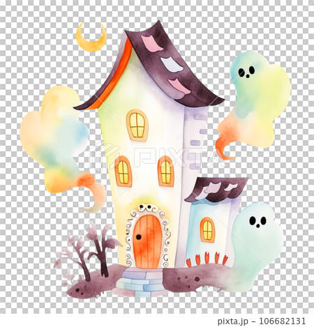 Cute baby halloween haunted house with playful ghosts clipart designs isolated on Transparent Background. Nursery Halloween Clipart. 106682131