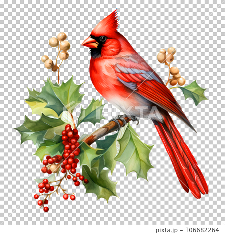 Watercolor Christmas red cardinal and holly berries Clipart isolated on Transparent Background. Watercolor Christmas red cardinal and holly berries Clipart isolated on Transparent Background. 106682264